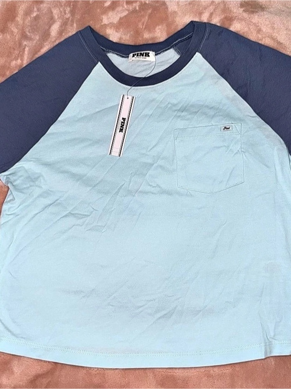 PINK Color Block Short Sleeve Tee in Blue Size XS NWT